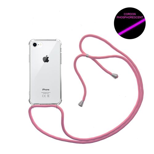 Coque iPhone 7/8 anti-choc silicone avec cordon Rose fluo et phosphorescent