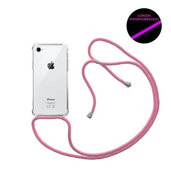 Coque iPhone 7/8 anti-choc silicone avec cordon Rose fluo et phosphorescent 1