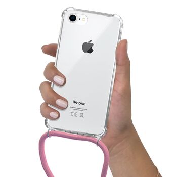 Coque iPhone 7/8 anti-choc silicone avec cordon Rose fluo et phosphorescent 2