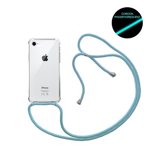 Coque iPhone 7/8 anti-choc silicone avec cordon Bleu fluo et phosphorescent