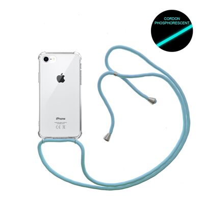 Funda de silicona para iPhone 7/8 a prueba de golpes con cordón azul fluorescente y fosforescente
