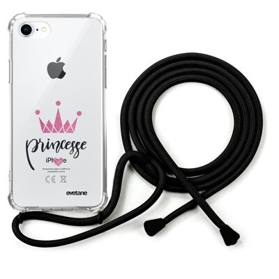 Coque iPhone 7/8 anti-choc silicone avec cordon noir - Princesse Couronne