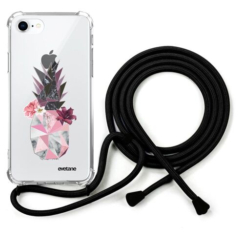 Coque iPhone 7/8 anti-choc silicone avec cordon noir - Ananas Fleuri