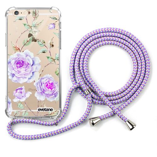 Coque iPhone 6/6s anti-choc silicone avec cordon parme -Fleurs
