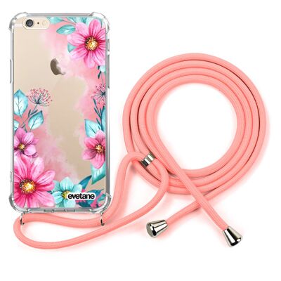 Funda de silicona a prueba de golpes para iPhone 6 / 6S con cordón rosa - Flores rosas y azules