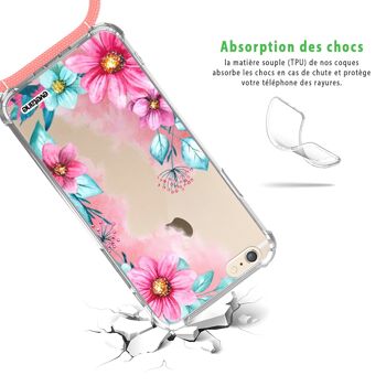 Coque iPhone 6/6S anti-choc silicone avec cordon rose- Fleurs Roses et Bleues 2