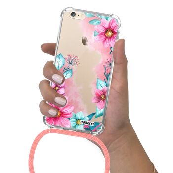 Coque iPhone 6/6S anti-choc silicone avec cordon rose- Fleurs Roses et Bleues 4