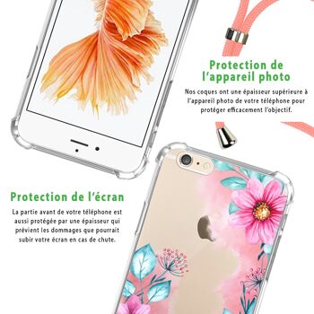 Coque iPhone 6/6S anti-choc silicone avec cordon rose- Fleurs Roses et Bleues 6