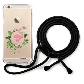 Coque iPhone 6/6S anti-choc silicone avec cordon noir- Flamant Rose Cercle 1