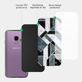 Coque Samsung Galaxy S9 en verre trempé noire Marbre Vert Graphique 3