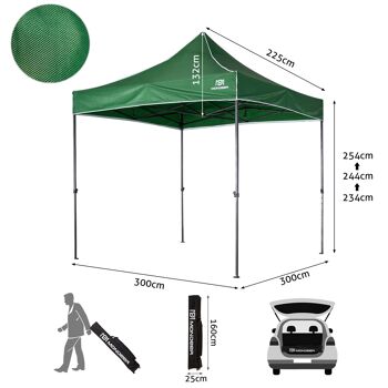 Gazebo Heavy Duty, Pop Up Gazebo 3x3M, Tonnelle de Jardin, Entièrement Imperméable et Anti-UV, Structure en Acier Métallique et Tente enduite PU, avec 4 Sacs de Poids et Sac de Transport, Fête de Patio Extérieur, Vert 3