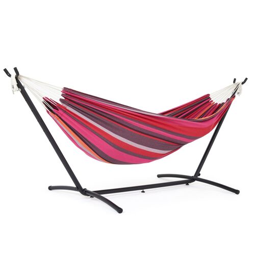 Hammock with Stand Double Camping Hammock Outdoor Garden Fabric Hammock with Metal Frame with Portable Carrying Bag and Accessories, 200kg Load Capacity, for Camping Travel Patio, Red