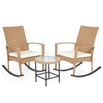 Ensemble de salon de jardin, 2 fauteuils à bascule avec coussins d'assise confortables, ensemble de meubles en rotin avec table basse, ensembles de bistrot pour jardin, ensemble de chaise longue d'extérieur, beige 1