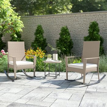 Ensemble de salon de jardin, 2 fauteuils à bascule avec coussins d'assise confortables, ensemble de meubles en rotin avec table basse, ensembles de bistrot pour jardin, ensemble de chaise longue d'extérieur, beige 4