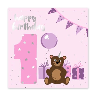 Tarjeta de oso de niña de cumpleaños