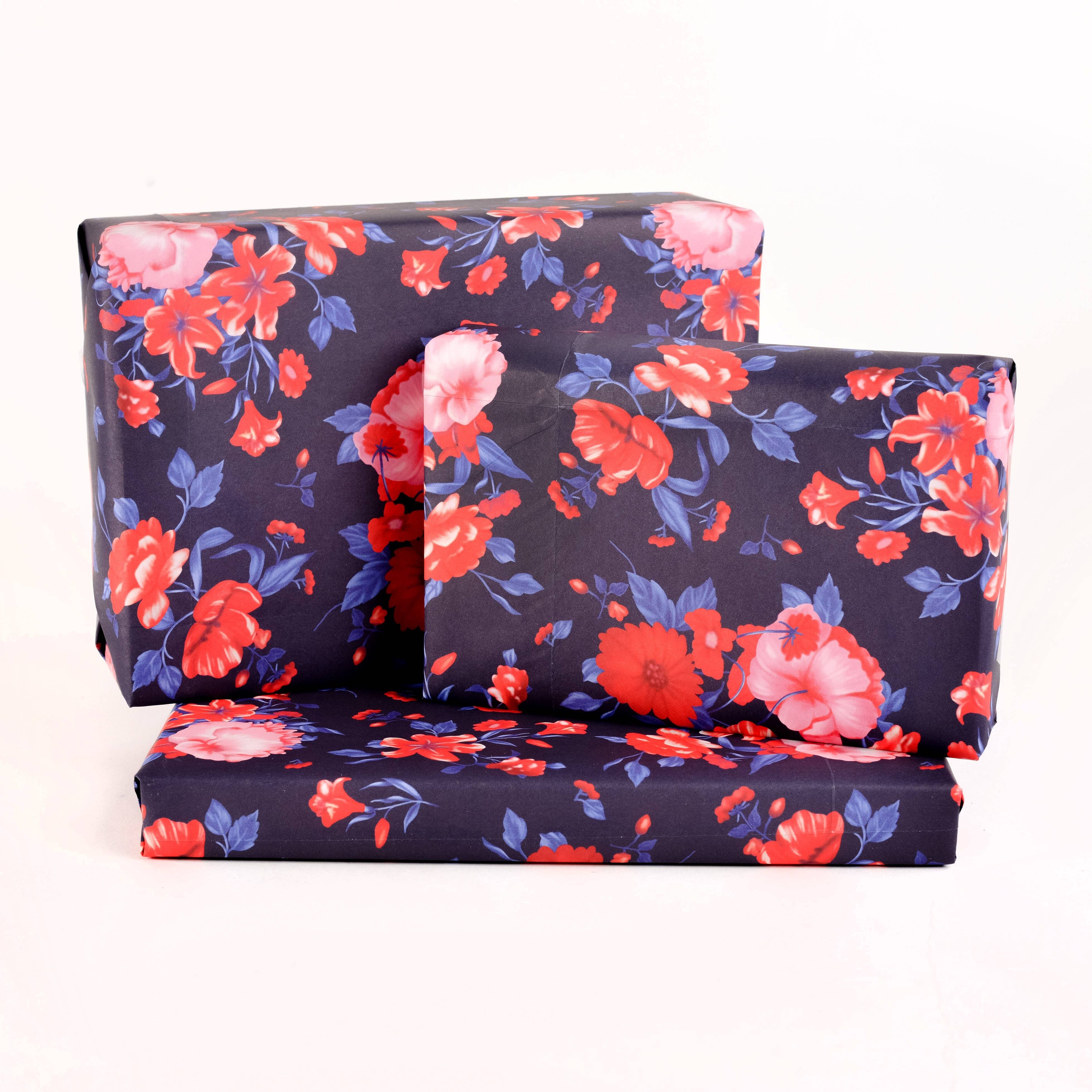 Papel de regalo floral azul y rojo - 1 hoja