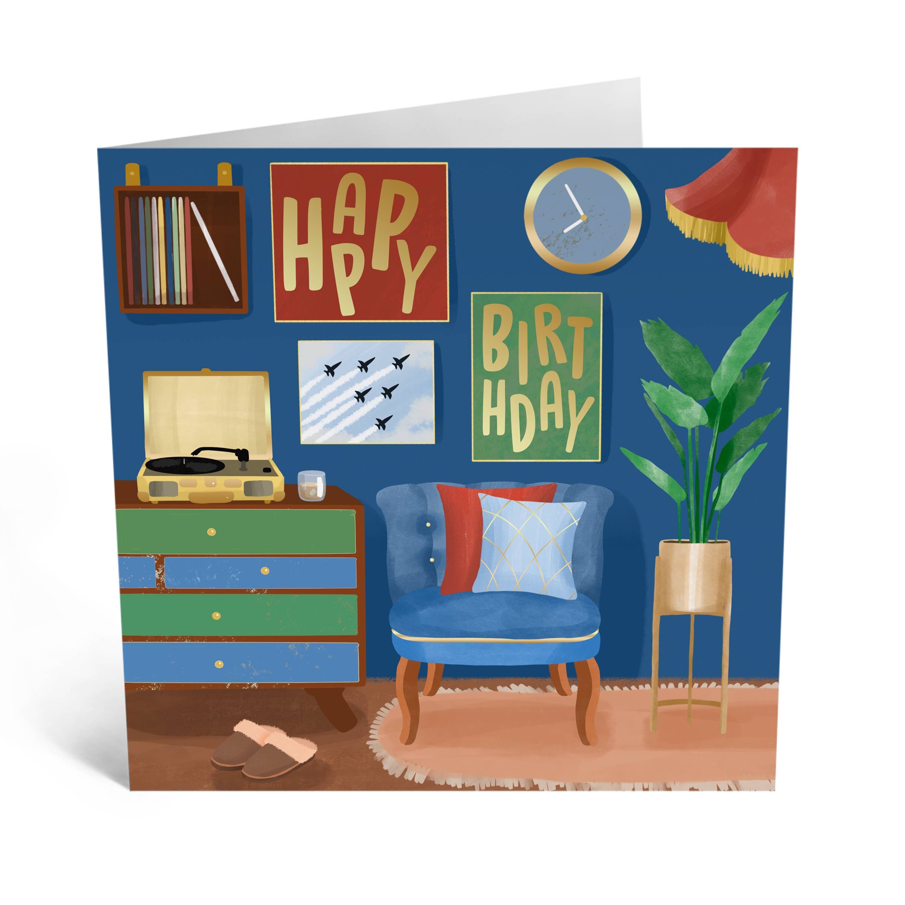 Blue Living Room Happy Birthday Cute Birthday Card