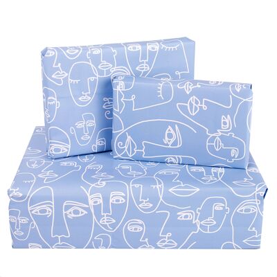 Lined Faces Blue Wrapping Paper - 1 Sheet