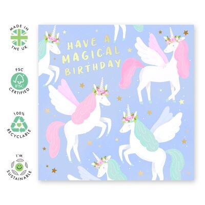 Carta di compleanno magico unicorni