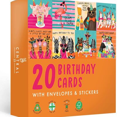 Packung mit 20 süßen lustigen und farbenfrohen Geburtstagskarten