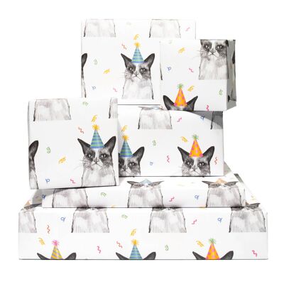 Geschenkpapier mit skizzenhaften Katzen in Partyhüten – 1 Blatt