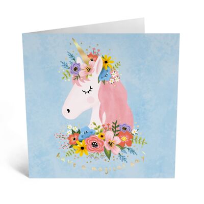 Biglietto di auguri di compleanno carino con corona di fiori di unicorno