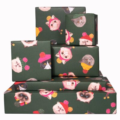 Winter Cats Green Wrapping Paper - 1 Sheet
