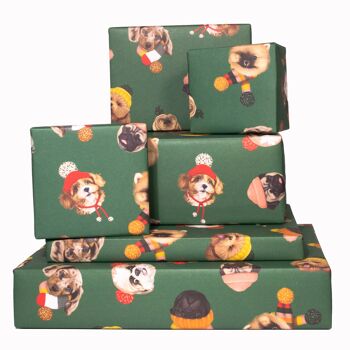 Papier Cadeau Vert Chiens d'Hiver - 1 Feuille