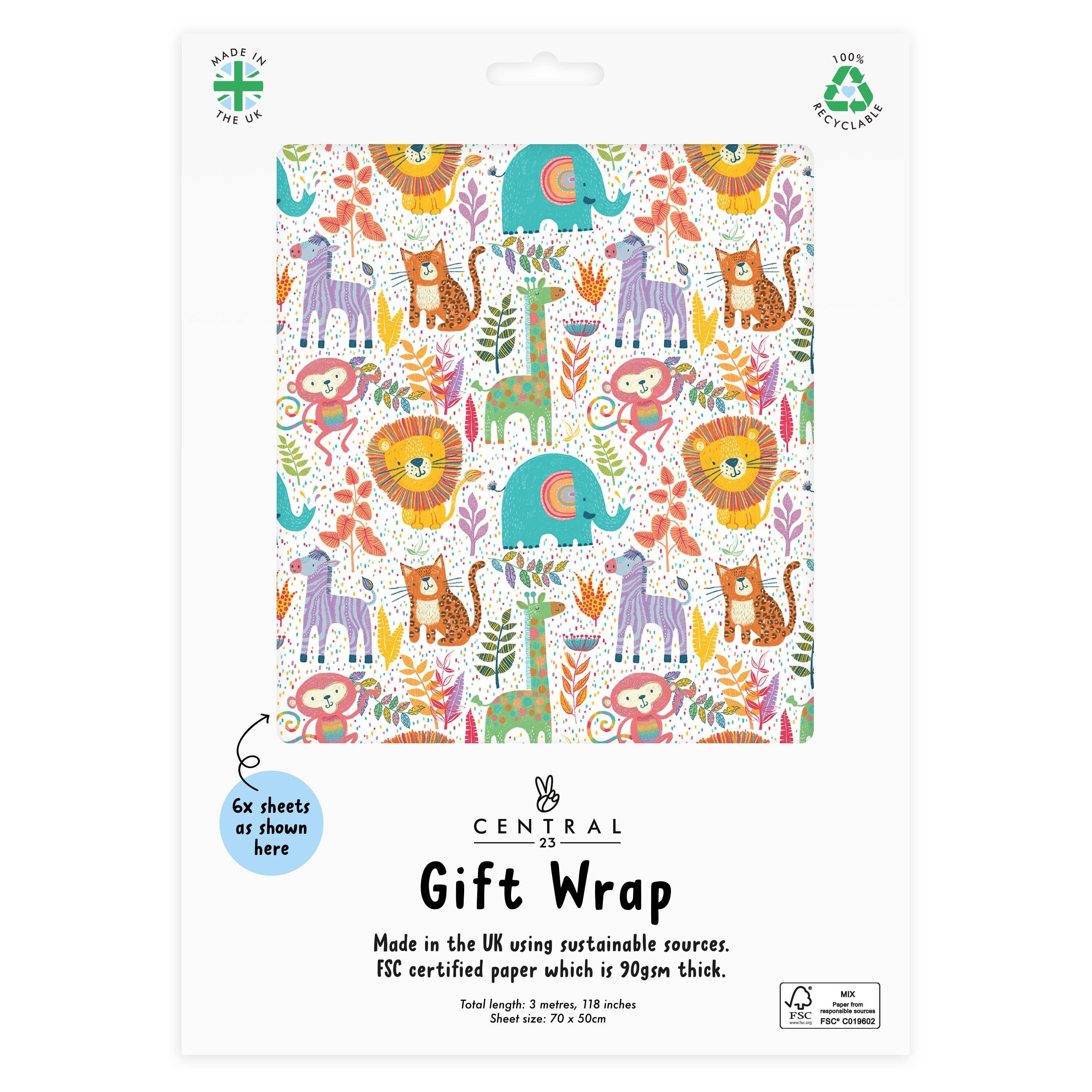 Wrapping Paper - 6 Sheets Jungle Animals Birthday Gift Wrap