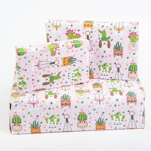 Wrapping Paper, Gift Wrap Animal Plant Pots  - 1 Sheet