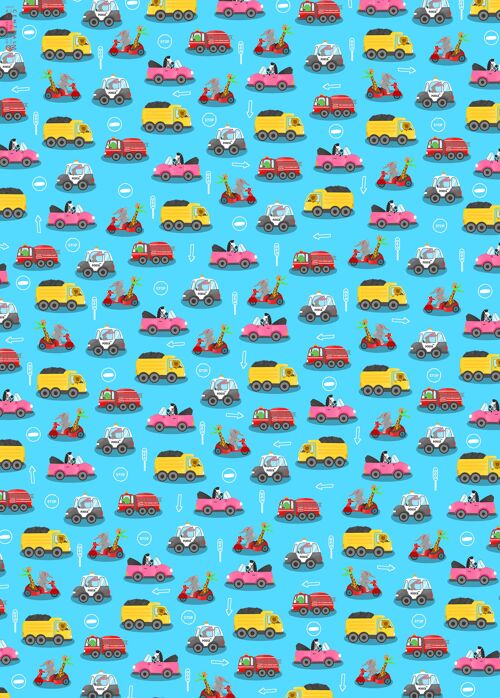 Wrapping Paper, Gift Wrap Animals In Cars  - 1 Sheet