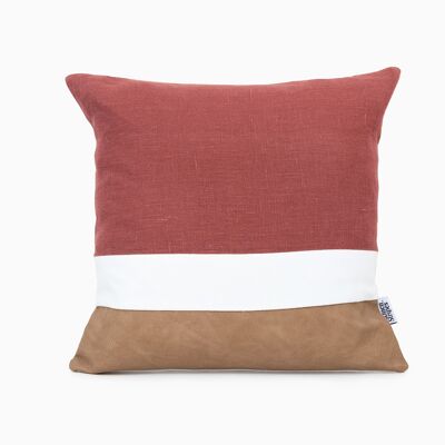 Faux Leather Rust Linen Color Block Cushion Cover - 14x14-inches - Rust
