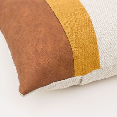 Mustard Linen Color Block Lumbar Cushion Cover with Faux Nubuck Leather - 16x24-inches - Black