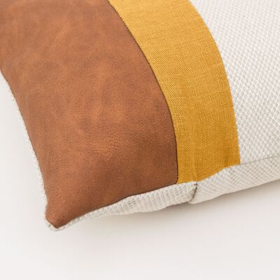 Mustard Linen Color Block Lumbar Cushion Cover with Faux Nubuck Leather - 14x20-inches - Brown