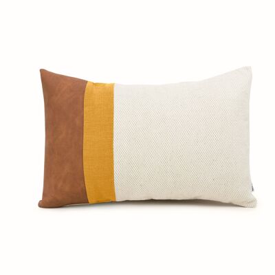 Mustard Linen Color Block Lumbar Cushion Cover with Faux Nubuck Leather - 12x20-inches - Dark Grey