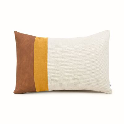 Mustard Linen Color Block Lumbar Cushion Cover with Faux Nubuck Leather - 14x20-inches - Mustard