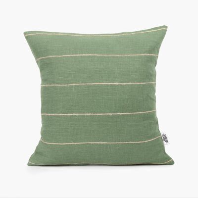 Moss Green Linen Pillow Cover with Jute String Stripes - 14x14-inches - Horizontal Stripes