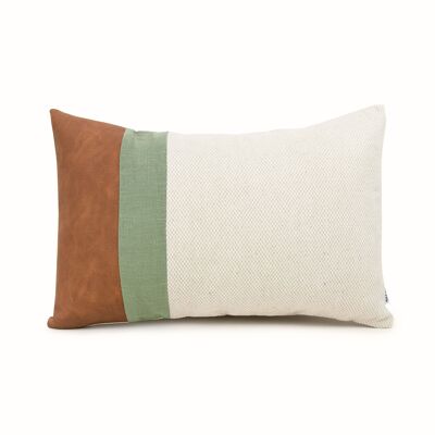 Moss Green Linen Color Block Lumbar Cushion Cover with Faux Nubuck Leather - 12x22-inches - Dark Grey