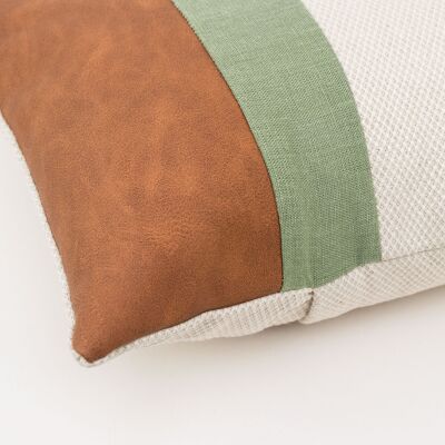 Moss Green Linen Color Block Lumbar Cushion Cover with Faux Nubuck Leather - 12x16-inches - Mustard
