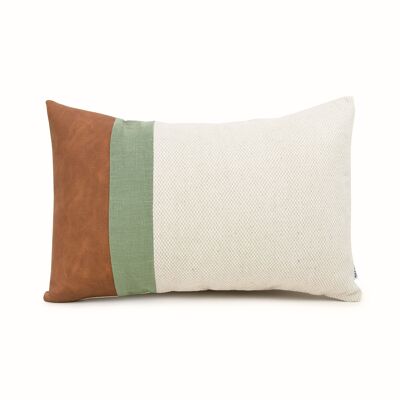 Moss Green Linen Color Block Lumbar Cushion Cover with Faux Nubuck Leather - 12x24-inches - Mustard