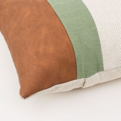 Moss Green Linen Color Block Lumbar Cushion Cover with Faux Nubuck Leather - 16x24-inches - Mustard