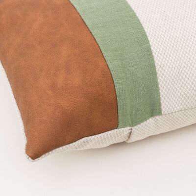 Moss Green Linen Color Block Lumbar Cushion Cover with Faux Nubuck Leather - 16x24-inches - Mustard