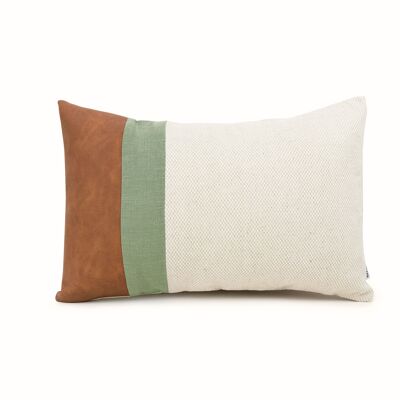 Moss Green Linen Color Block Lumbar Cushion Cover with Faux Nubuck Leather - 12x24-inches - Rust