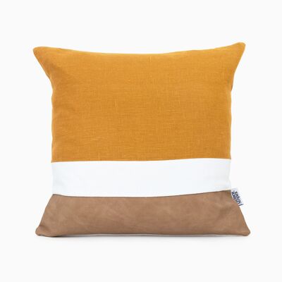 Faux Leather Mustard Linen Color Block Cushion Cover - 14x14-inches - Mustard