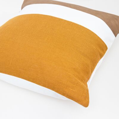 Faux Leather Mustard Linen Color Block Cushion Cover - 18x18-inches - Mustard