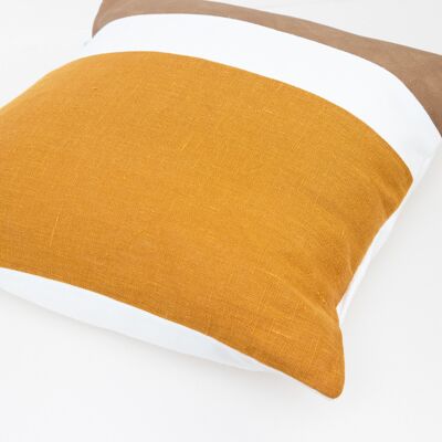 Faux Leather Mustard Linen Color Block Cushion Cover - 28x28-inches - Navy