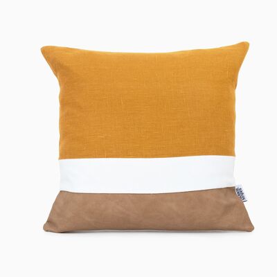 Faux Leather Mustard Linen Color Block Cushion Cover - 24x24-inches - Rust