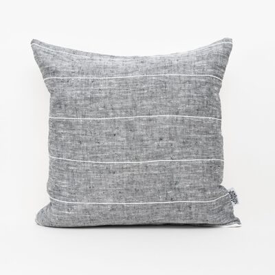 Grey Linen Pillow Cover with White Cotton Stripes - 14x14-inches - Horizontal Stripes