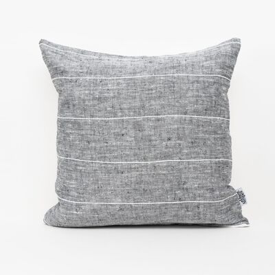 Grey Linen Pillow Cover with White Cotton Stripes - 24x24-inches - Horizontal Stripes