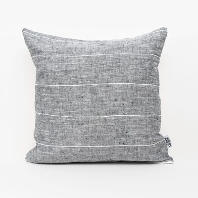 Grey Linen Pillow Cover with White Cotton Stripes - 14x14-inches - Vertical Stripes